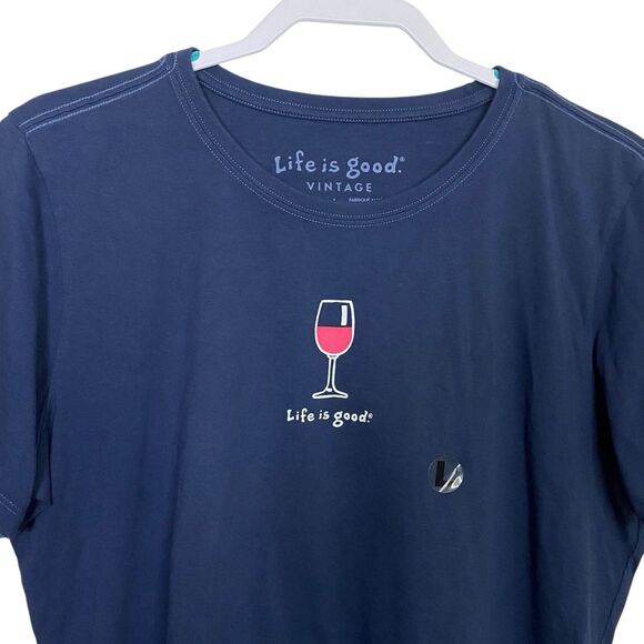 Life Is Good T-Shirt Womens L Blue Wine Glass Vintage Short Sleeve Crew Neck NWT - Picture 5 of 12
